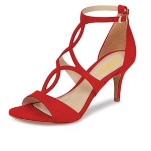 FSJ Red Ankle Strap Mid Heel Cutout Sandals
